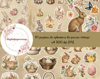 80+ Vintage Easter Digital Stickers | Bunnies, Eggs and Flowers | Ephemera Scrapbooking 300 DPI