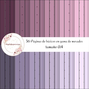 Puede incluir: Un pack de papel digital con 36 páginas de fondos con patrones morados y rosas. Los patrones incluyen rayas, lunares y degradados. El texto "36 Páginas de básicos en gama de morados tamaño A4" se muestra en la imagen.