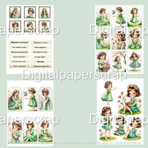 Puede incluir: Colecci&oacute;n de elementos de scrapbooking digitales con ilustraciones en acuarela de ni&ntilde;as con vestidos verdes, coronas de flores y mariposas. Incluye im&aacute;genes enmarcadas, etiquetas y tarjetas de diario con texto en espa&ntilde;ol.