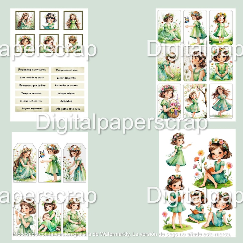 Puede incluir: Colecci&oacute;n de elementos de scrapbooking digitales con ilustraciones en acuarela de ni&ntilde;as con vestidos verdes, coronas de flores y mariposas. Incluye im&aacute;genes enmarcadas, etiquetas y tarjetas de diario con texto en espa&ntilde;ol.