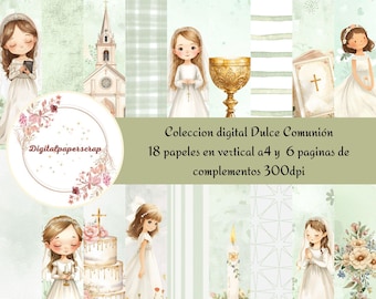 Colección Digital Dulce Comunión VERDE | Papeles A4 Vertical 300 dpi | Kit Scrapbooking Comunión Niña