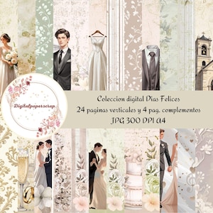 Puede incluir: Un conjunto de papeles de scrapbooking digitales con temática de boda. El diseño incluye ilustraciones de una novia, un novio, un vestido de novia y una tarta, junto con fondos florales y estampados. El texto dice "Coleccion digital Dias Felices".