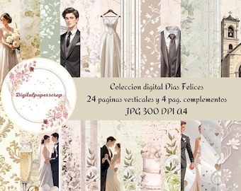 Colección Digital Scrapbooking Boda | 24 Papeles A4 Verticales + 4 Complementos | Colores Pastel Suaves | Imprimibles Alta Calidad JPG