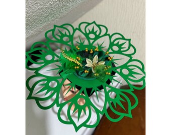 Green large wedding hats with gold beads and flowers, Wedding/events Headwear.