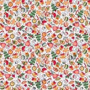 May include: A repeating pattern on a white background featuring colourful Christmas icons including Santa Claus faces, gingerbread men, green pine trees, red stockings, gold bells, gift boxes, candy canes, and round holiday ornaments.