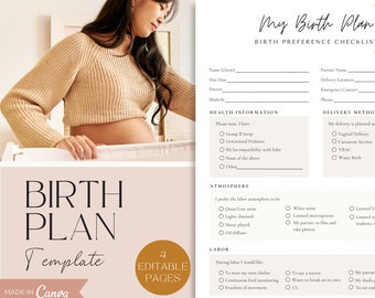Birth Plan Template, Pregnancy Planner, Birth Preferences, Labor and Delivery, Natural Birth Plan, Doula Birth Plan,, Visual Birth Plan