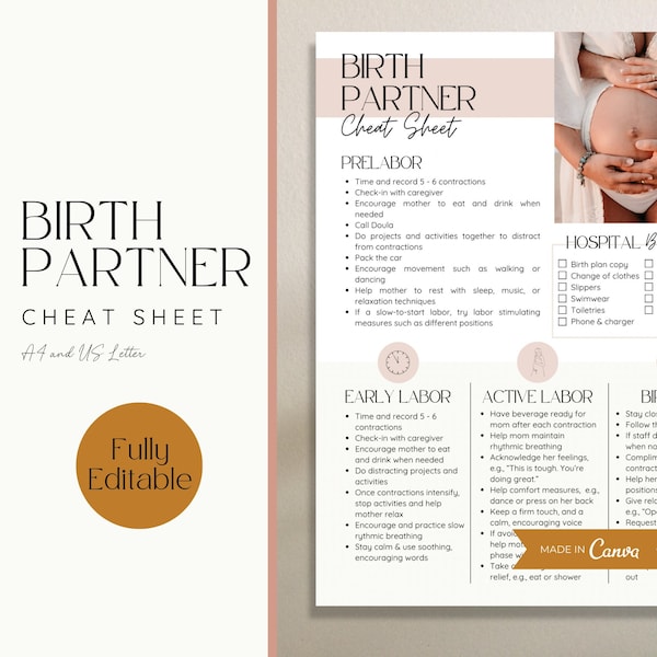 Birth Partner Cheat Sheet for New Doula Clients, Birth Partner Handout, Childbirth Education, Birth Doula Handout, Doula Client Handout