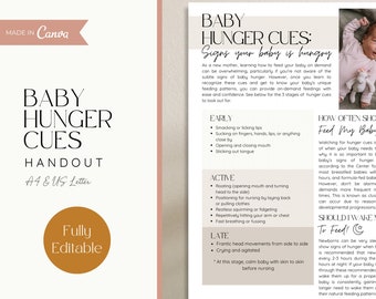 May include: A printable handout with a peach background and a white border. The handout is titled "Baby Hunger Cues: Signs Your Baby is Hungry." The handout lists the early, active, and late signs of hunger in a baby. The handout also includes information on how often to feed a baby and whether to wake a baby to feed.
