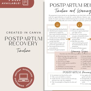May include: A digital postpartum recovery timeline and warning signs chart with a white background and dark red accents. The document includes text sections detailing recovery stages, symptoms, and care instructions, with icons for 2 sizes and instant download.