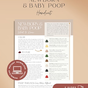 May include: An educational handout titled Newborn & Baby Poop What to Know, featuring a color-coded guide with icons representing various stool colors and textures, including sections on color, texture, and timelines for infant digestive health.