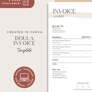May include: A digital doula invoice template created in Canva, featuring a clean white layout with black text. The document includes fields for billed to, description, quantity, hours, subtotal, total, and pay to information, with an instant download icon.
