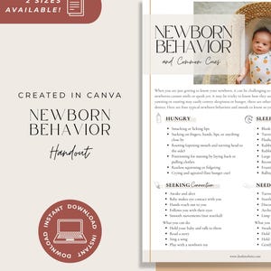 May include: A digital handout titled Newborn Behavior and Common Cues, featuring sections on hungry, sleepy, seeking connection, and needy behaviors. The document includes a photograph of a baby, bulleted lists, and an instant download icon.