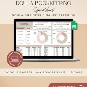 Peut inclure: Une feuille de calcul de comptabilité numérique pour le suivi des finances d'une entreprise de doula affichée sur un écran d'ordinateur portable. L'interface comprend un aperçu mensuel, des graphiques et des tableaux. Texte : "DOULA BOOKKEEPING Spreadsheet", "INSTANT DOWNLOAD", "45 CURRENCIES AVAILABLE!".