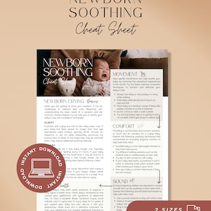 May include: A digital newborn soothing cheat sheet featuring a crying infant, sections on movement, comfort, and sound, and text including Newborn Soothing Cheat Sheet, Newborn Crying Basics, Sleepy, Health, Instant Download, and 2 Sizes Available.