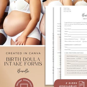 Pode incluir: Um pacote digital de formulários de admissão para doulas de parto, composto por documentos em papel branco com campos de texto pretos para informações do cliente, contatos de emergência e detalhes do prestador de cuidados.