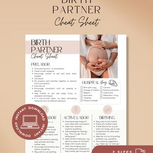 Puede incluir: Una hoja de trucos digital para acompañantes de parto con secciones para preparto, parto activo y nacimiento. Incluye una lista de verificación para la bolsa del hospital, una fotografía de un vientre embarazado y etiquetas de texto.