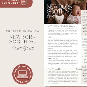 May include: A digital newborn soothing cheat sheet document featuring text sections on crying basics, sleep, hunger, diaper changes, and baby health. The layout includes a photograph of a crying infant, a small animal-shaped toy, and icons.