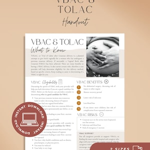 May include: A digital handout titled VBAC & TOLAC What to Know, featuring a black and white photograph of hands resting on a pregnant belly. The document includes sections on eligibility, benefits, risks, and support for vaginal birth after cesarean.