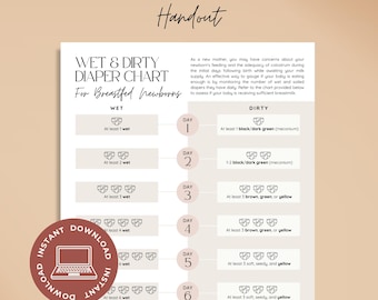 May include: A printable wet and dirty diaper chart for breastfed newborns, featuring a daily tracking guide from day one to day seven. The document includes icons of diapers, text instructions, an instant download badge, and a note about sizes.