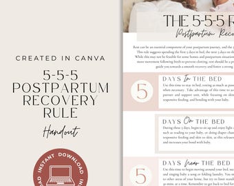 May include: A digital handout titled 5-5-5 Postpartum Recovery Rule, featuring sections for 5 days in the bed, 5 days on the bed, and 5 days near the bed. The document includes text about recovery, an instant download icon, and a photo of a parent and baby.