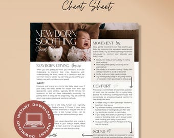May include: A digital newborn soothing cheat sheet featuring a crying infant, sections on movement, comfort, and sound, and text including Newborn Soothing Cheat Sheet, Newborn Crying Basics, Sleepy, Health, Instant Download, and 2 Sizes Available.