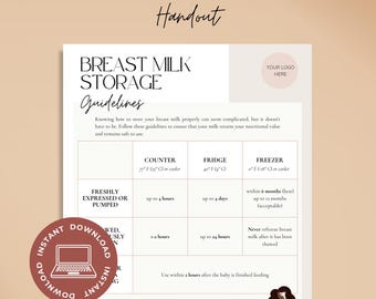 May include: A digital breast milk storage handout featuring a table with temperature guidelines for counter, fridge, and freezer storage. The document includes storage tips, a placeholder for a logo, and text indicating instant download and two sizes.
