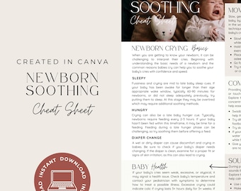 May include: A digital newborn soothing cheat sheet document featuring text sections on crying basics, sleep, hunger, diaper changes, and baby health. The layout includes a photograph of a crying infant, a small animal-shaped toy, and icons.