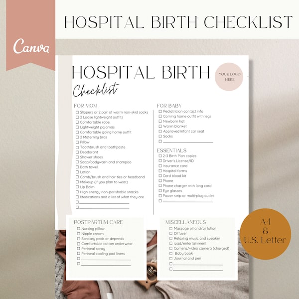 Hospital Birth Checklist, Hospital Bag Checklist, Birth Doula Handout, Doula Template, Birth Plan, Hospital Bag for Labor and Delivery