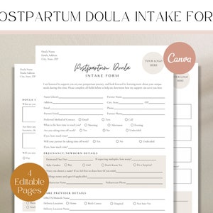 Könnte beinhalten: Ein beige-braunes Postpartum-Doula-Intake-Formular mit dem Titel "Postpartum Doula Intake Form" oben. Das Formular enthält Abschnitte für die Informationen der Doula, die Details der Schwangerschaft und des Neugeborenen sowie die Details des Leistungserbringers. Das Formular ist für die Verwendung durch eine Doula konzipiert, um Informationen von einem Klienten zu sammeln.