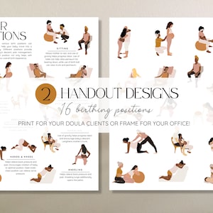 Labor positions handouts pages and text highlighting 2 handout designs included, with 16 birthing positions. Text highlighting print for new doula clients or frame birthing prints art for office.