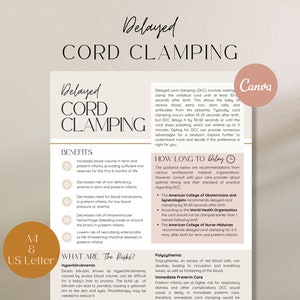 May include: A pink and beige infographic about delayed cord clamping. The infographic lists the benefits and risks of delayed cord clamping. The infographic also includes information about how long to delay cord clamping. The infographic is titled "Delayed Cord Clamping".