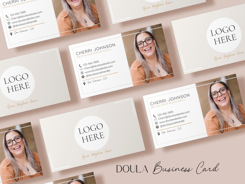 Doula business card in modern neutral beige, white, and gold design with photo. Birth Doula business card text wit contact info, website, location and more. Doula template made in canva.