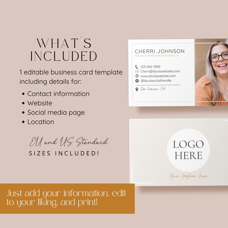 Doula business card text detailing what is included in Doula contact card such as contact info, social media page and more. birth doula business card in US and EU standard sizes.