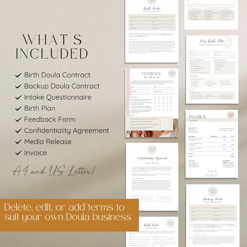 Birth doula contracts and intake forms bundle pages on screen and text highlighting what is included in bundle such as birth doula contracts, feedback form, Doula intake form, and more.