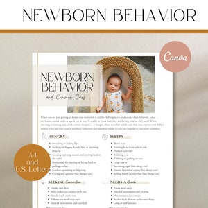 Puede incluir: Una guía imprimible con el título "Comportamiento del recién nacido y señales comunes" en una fuente marrón claro. La guía enumera los comportamientos y señales comunes de los recién nacidos, como el hambre, el sueño y la búsqueda de conexión, con descripciones correspondientes. Una foto de un bebé en una cesta tejida se encuentra en la esquina superior derecha.