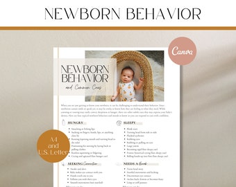 May include: A printable guide with the title "Newborn Behavior and Common Cues" in a light brown font. The guide lists common newborn behaviors and cues, such as hungry, sleepy, and seeking connection, with corresponding descriptions. A photo of a baby in a woven basket is in the upper right corner.