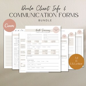 May include: A printable bundle of doula client information and communication forms. The forms are in a minimalist style with a light brown background and a pink accent color. The text "Doula Client Info & Communication Forms Bundle" is at the top of the page. The forms include a birth summary, labor and birth record, and a client intake form. The forms are available in A4 and US Letter sizes.
