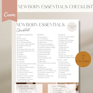Newborn Essentials Checklist on shadow background, highlighting baby essentials list and baby planning list is available in A4 and US letter and is a Canva template.
