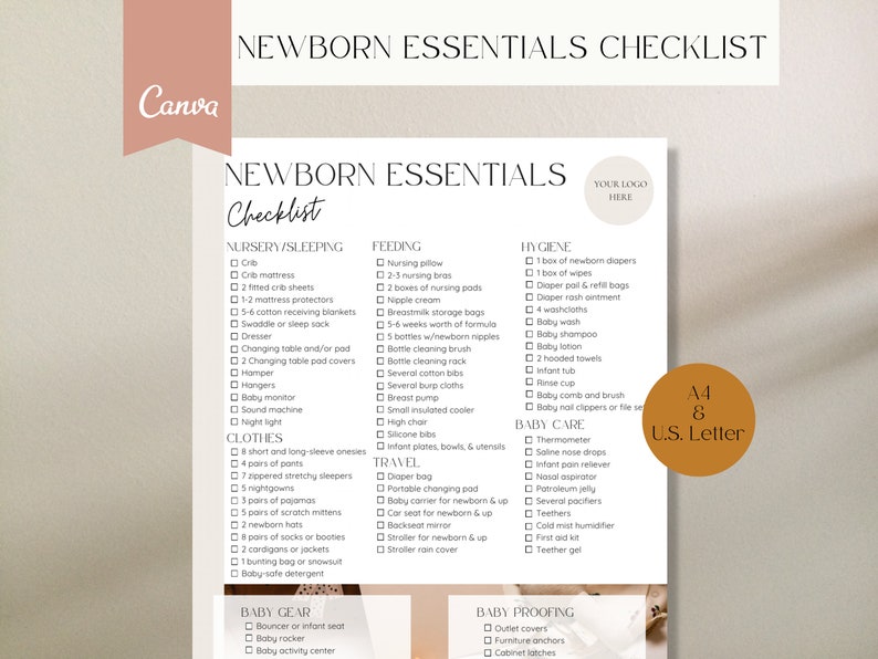 Newborn Essentials Checklist on shadow background, highlighting baby essentials list and baby planning list is available in A4 and US letter and is a Canva template.