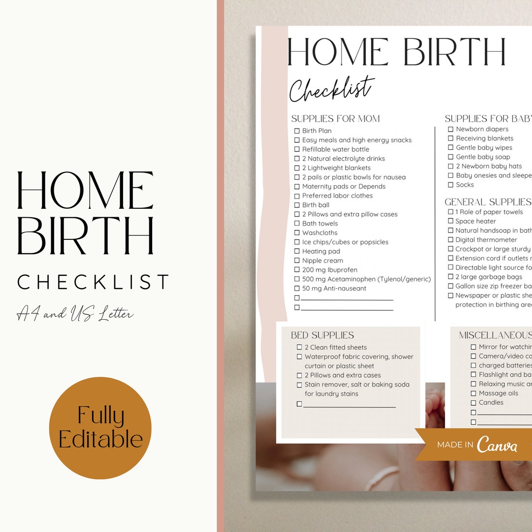 Home Birth Checklist, Home Birth Supplies, Birth Doula Handout, Doula
