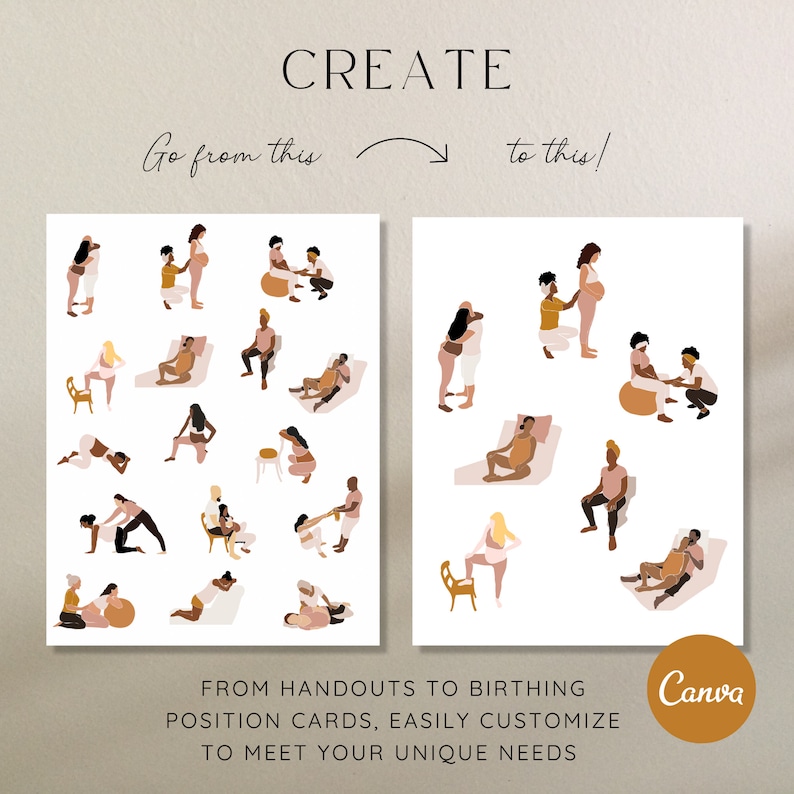 Childbirth education handout first page as original design, highlighting option to customize labor position handout and second page showing reduced positions with enlarged sizing.