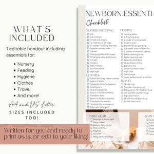 Newborn Essentials Checklist page and text highlighting what is included in baby essentials list handout, such as nursery, feeding, hygiene, clothes and more. Text detailing baby planning handout is available in A4 and US Letter sizes.
