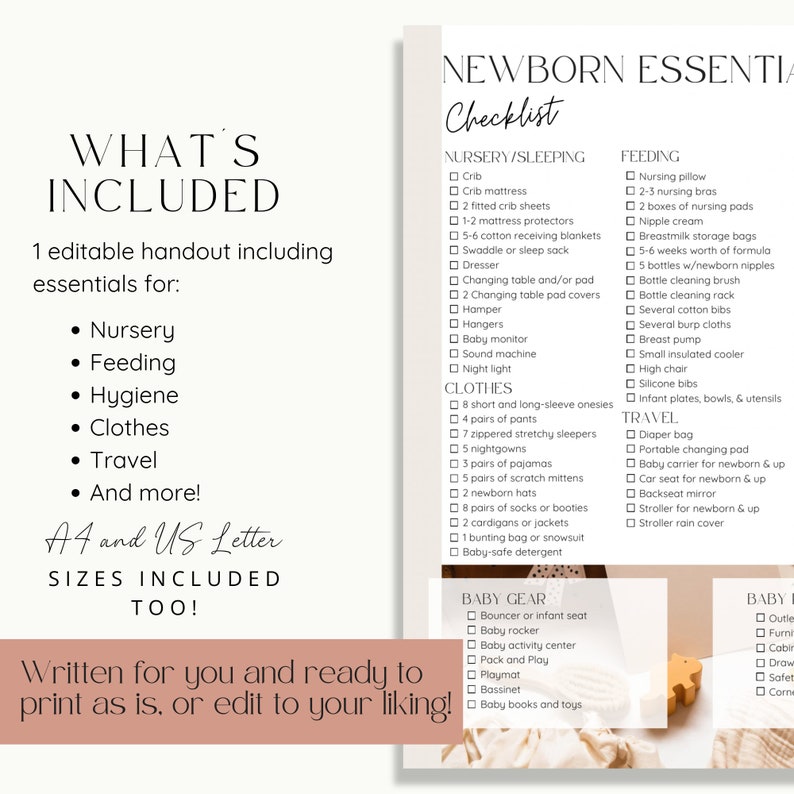 Newborn Essentials Checklist page and text highlighting what is included in baby essentials list handout, such as nursery, feeding, hygiene, clothes and more. Text detailing baby planning handout is available in A4 and US Letter sizes.
