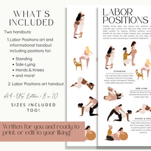 Birth doula labor positions handouts pages and text highlighting what is included in labour position handout, such as pregnancy details, standing positions, side-lying, hands and knees, and more. Sizes A4, US Letter, and 8 x 10 included.