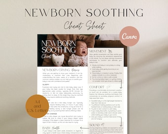 May include: A printable cheat sheet with tips for soothing a newborn baby. The cheat sheet is divided into sections for crying, sleep, diaper changes, movement, comfort, and sound. The cheat sheet features a photo of a baby with a soft toy.