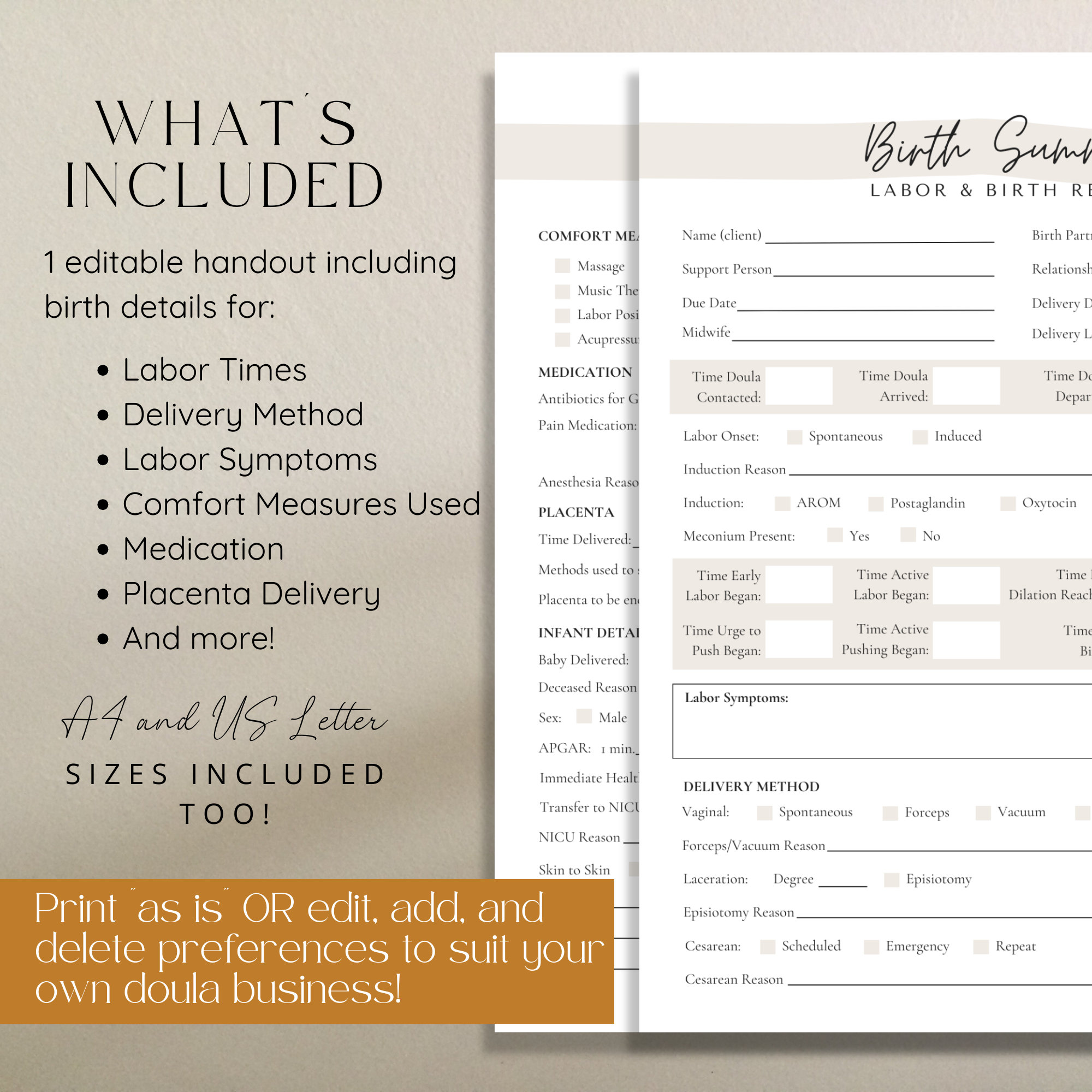Doula Birth Summary, Birth Record Form for Birth Doulas, Birth Planning ...