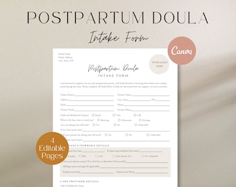 Postpartum Doula Intake Form, Postpartum Intake Form, Postpartum Questionnaire, Postpartum Doula Client, Doula Intake Form, Doula Template