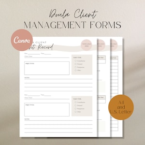 May include: Printable doula client management forms in A4 and US Letter sizes. The forms include sections for client name, date, time, visit type, objectives, and notes. The forms are designed with a minimalist aesthetic and feature a soft pink and brown color scheme.