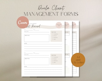 May include: Printable doula client management forms in A4 and US Letter sizes. The forms include sections for client name, date, time, visit type, objectives, and notes. The forms are designed with a minimalist aesthetic and feature a soft pink and brown color scheme.