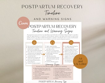 May include: A printable postpartum recovery timeline and warning signs guide. The document includes information on recovery stages, potential symptoms, and when to seek medical care. The design features a soft, neutral color palette.